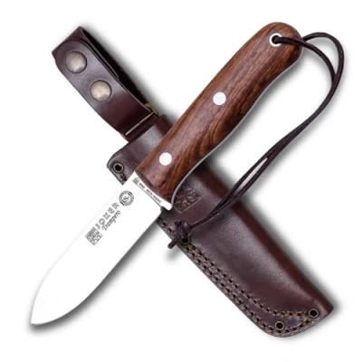 Imagen de Joker Cuchillo de Caza Trampero CN113, Mango Madera Nogal, Funda Piel marrón, Hoja 10 cm Acero Sandvik 14c28n, Herramienta Pesca, Caza, Camping y Senderismo