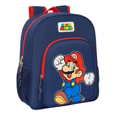 Imagen de SUPER MARIO WORLD Mochila Escolar Niño, Infantil, Adaptable a Carro, Ideal para Niños en Edad Escolar, Cómoda y Versátil, Calidad Resistencia, 32x12x38 cm, Color Azul marino
