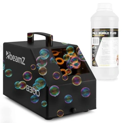 Imagen de BeamZ B300 Máquina de burbujas compacta portátil con mando inalámbrico, potente ventilador, 1 litro líquido incluido, asa transporte, ideal para fiestas infantiles y temáticas