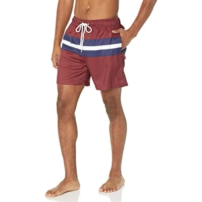 Imagen de Amazon Essentials Bañador de Secado Rápido 18 Cm colores interrumpidos Hombre, Burdeos Azul Marino Rayas, S