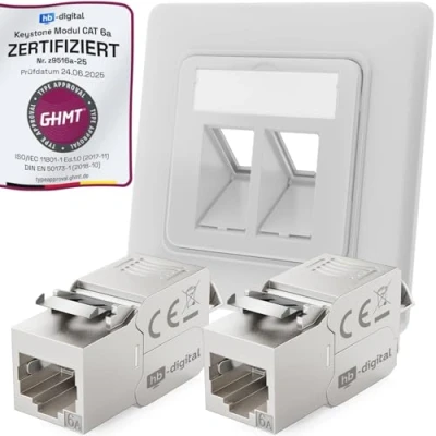 Imagen de hb digital Set de 2 puertos RAL9003 blanco señal + módulos Keystone RJ45 Cat.6a Caja empotrada LAN Ethernet hembra instalación red 500 MHz 10 Gbps STP