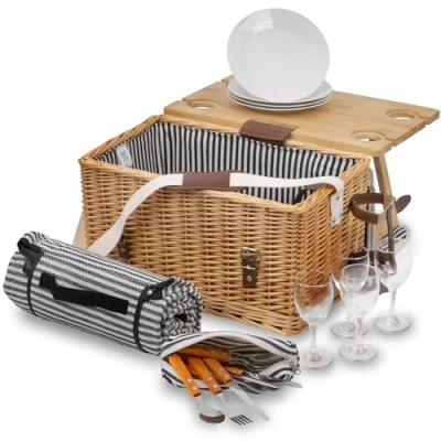 Imagen de CampFeuer Cesta de Mimbre para Picnic con Correas Polipiel 4 Personas 25 Piezas Set Platos Cerámica, Cubiertos, Copas, Manta Picnic, Mesa y Mucho Más