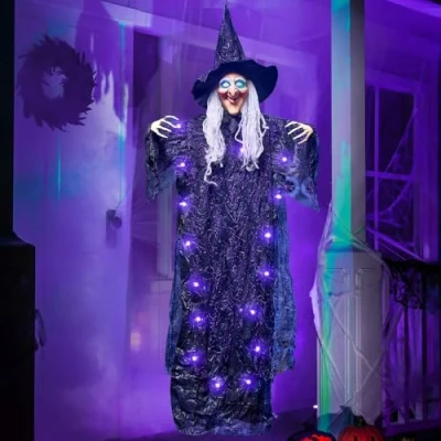 Imagen de JOYIN Decoración de Bruja Parlante Colgante 183 cm (Verde) con Ojos Iluminados y Función Activación Sonido para Casa Encantada Halloween