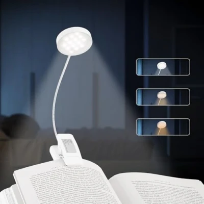 Imagen de LQWELL® Luz de Lectura Nocturna, Recargable USB, 3 Temperaturas Color, 10 Niveles Brillo, Atenuación Continua, Ángulo Flexible 360 (Blanco, 1 Pieza)