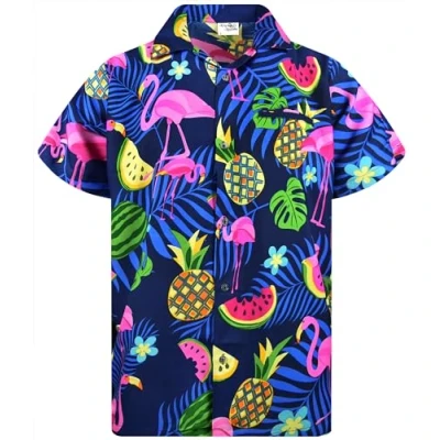 Imagen de King Kameha Camisa hawaiana llamativa para hombre, manga corta, bolsillo frontal, fiestas, con estampado de sandías y flamencos, XL