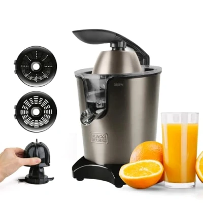 Imagen de Black+Decker BXCJ350E Exprimidor eléctrico de palanca 350W Motor AC profesional Filtro regulador pulpa 2 conos distinto tamaño Depósito 650ml, Gris