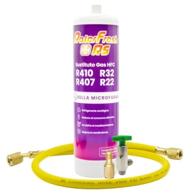 Imagen de Gas Refrigerante Orgánico para Aire Acondicionado Tipo Split Ralerfresh RS equivalente a 950gr sustituto de los gases R410, R32, R407 y R22 (Botella + Manguera Llave Adaptador)