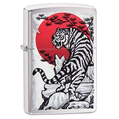 Imagen de Zippo Mechero resistente al viento, diseño de tigre japonés, cromo cepillado, imagen en color, recargable, uso por vida, llama ajustable, caja regalo, construcción metal, fabricado Estados