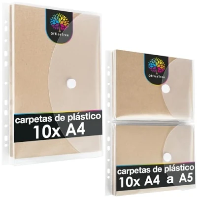 Imagen de OfficeTree 20x Carpetas Plastico 10 x Carpeta de A4 A5 Transparente con Cierre Adhesivo, Tira para Archivar y 160 Etiquetas Refuerzo Agujeros