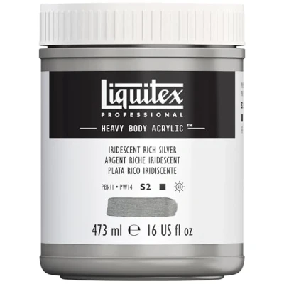 Imagen de Liquitex pintura acrílica profesional Heavy Body cuerpo espeso, tarro de 473 ml, color plata rica iridiscente