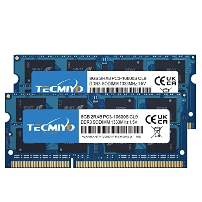 Imagen de TECMIYO (2 x 8 GB) Kit ddr3 16GB RAM 1333MHz PC3 10600 Unbuffered no ECC 1,5 V CL9 2Rx8 Dual Rank 204 Pin SODIMM Memoria para Ordenador portátil, módulo Upgrade