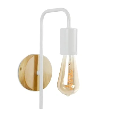 Imagen de Alpinaluz Aplique de Pared Blanco con Base Madera Natural Lámpara Vintage Industrial Estilo Nórdico Casquillo E27 Luz para Dormitorio, Salón, Pasillo, Cabecero o Entrada