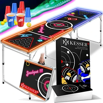 Imagen de KESSER® Beer Pong juego de mesa con cartas (acción LED, incluye 100 vasos (50 rojos y 50 azules), 6 bolas + fiesta, altura ajustable, plegable, clásico LED
