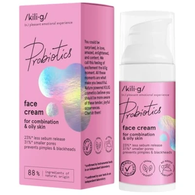 Imagen de KILIG PROBIOTICS crema facial para pieles mixtas y grasas, de día con propiedades calmantes la piel, combate el acné, antioxidante nutritivo, hidrata intensamente 50 ml