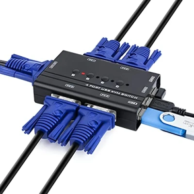Imagen de Conmutador KVM de 4 Puertos, VGA USB Switch con Cables KVM, para Dos Ordenador o Portátil, Raton y Teclado, Monitor, Impresora, Escáner