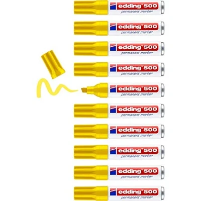 Imagen de edding 500 marcador permanente amarillo 10 rotuladores punta biselada 2 7 mm resistente al agua, de secado rápido, indelebles para cartón, plástico, madera, metal, vidrio