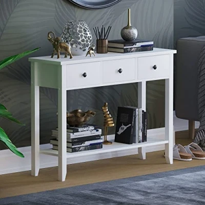 Imagen de Home Discount Mesa Consola de 2 cajones con estantería Windsor 3 74 x 100 30 cm Blanco