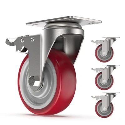 Imagen de COOCHEER Juego de 4 ruedas giratorias 100 mm, con freno y para cama muebles, capacidad carga máxima 400 kg, color rojo