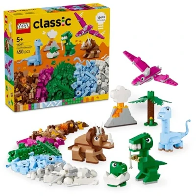 Imagen de LEGO Classic Dinosaurios Creativos Caja de Ladrillos Colores para Construir Huevo Dinosaurio, Tiranosaurio Rex, Triceratops y Volcán Juguete, Regalo Niños Niñas 5 Años o Más 11041