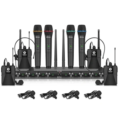 Imagen de Sistema de microfono inalambrico UHF 8 Canales con 4 Mano y Cuerpo microfonos inalambricos Mano, Receptor Metal, Ideal para Karaoke Fiestas en Iglesias (con Cuerpo)
