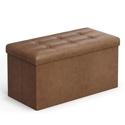 Imagen de SONGMICS Puff Almacenaje, Baúl de Almacenaje Plegable, 38 x 76 cm, Taburete Reposapiés, Banco Cubo, Soporta hasta 300 kg, para Sala Estar, Dormitorio, Entrada, Marrón Café LSF040K11