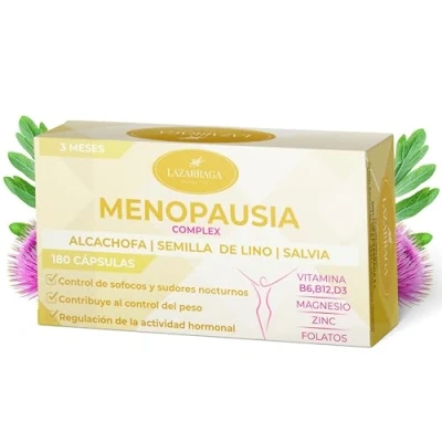 Imagen de Lazarraga Tratamiento para la Menopausia Control de sofocos Alivia hinchazón abdominal, Vegano, 180 cápsulas, con vitamina B6, B12, D3 sin soja ni conservantes Suministro 3 Meses