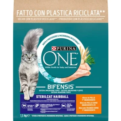 Imagen de Purina ONE Bifensis Comida Pienso para gato Esterilizado Pelaje y Bolas de Pelo con Pollo, 6 bolsas 1,5kg