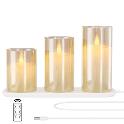 Imagen de EXTSUD velas LED sin llama recargables con estación de carga y mando a distancia, juego 3 decorativas intermitentes cristal temporizador para fiestas, cumpleaños, bodas (Marrón)