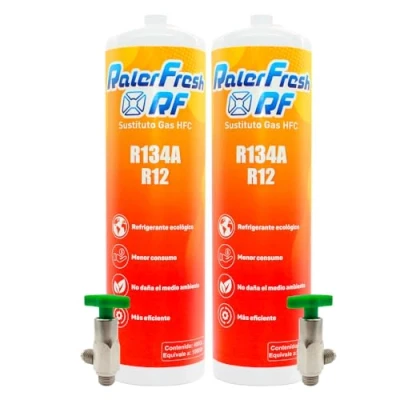 Imagen de Gas Refrigerante Organico para Aire Acondicionado Coche Ralerfresh RF Equivalente a 1000gr sustituto de los Gases R134a y R12 (2 Botellas + Llaves)