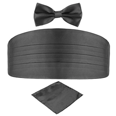 Imagen de DonDon Set de tres piezas Caballero Faja esmoquin Pajarita Pañuelo bolsillo Color a juego Espléndido para ceremonias y ocasiones especiales Gris antracita