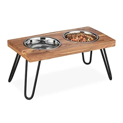 Imagen de Relaxdays Comedero Elevado para Perro, Soporte Alto de Madera Acacia, 23x49,5x25 cm, 2 Cuencos Comida 1200 ml, Marrón, Acero, 23 x 49.5 25 cm