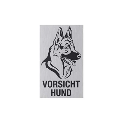 Imagen de Metafranc 507420 Placa adhesiva con texto en inglés &quot;Vorsicht Hund&quot; (aluminio, 100 x 60 mm, aspecto moderno de acero inoxidable), diseño perro guardián