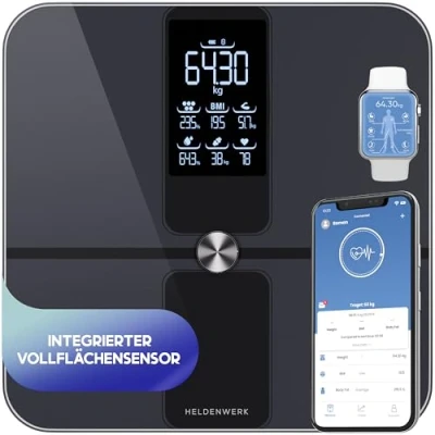 Imagen de HELDENWERK báscula de baño para personas con aplicación y sensor superficie completa, 180 kg/400 libras, cuerpo digital, Bluetooth análisis corporal grasa corporal, IMC, masa