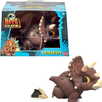 Imagen de Mattel ​Jurassic World Bite Club Figura coleccionable de dinosaurio estilizado Triceratops Chubby aproximadamente 4 pulgadas con accesorio​