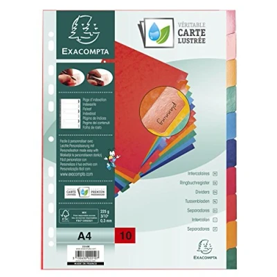 Imagen de Exacompta 2210E Separadores en cartulina FSC® brillo de 225g/m2 con 10 pestañas color neutro reforzadas y plastificadas Tira perforada reforzada Formato para archivo A4