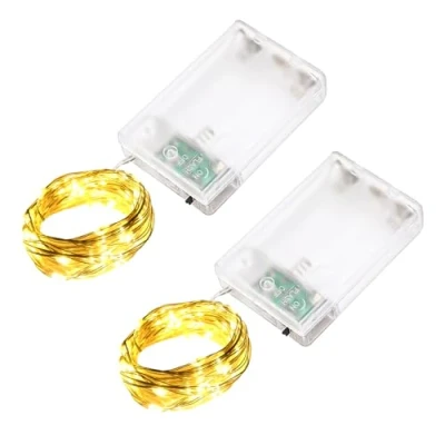 Imagen de LQWELL 2 Piezas Guirnalda de luces LED m y 20 LED, mini a pilas, impermeable, alambre cobre, blanco cálido, modos para Navidad, bodas, festivales, fiestas decoración