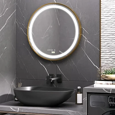Imagen de kleankin Espejo de Baño con Luz LED Ø60x4 cm Redondo Interruptor Táctil 3 Luces Ajustable Visualización Temperatura y Hora Función Memoria Marco Aluminio Dorado