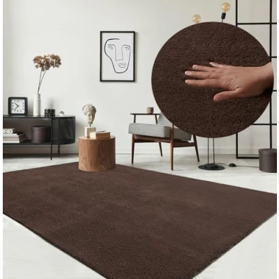 Imagen de the carpet Relax Alfombra Moderna y mullida de Pelo Corto, para salón, Parte Inferior Antideslizante, Lavable hasta 30 Grados, Muy Suave, Marrón, 200 x 280 cm