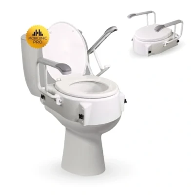 Imagen de Mobiclinic®, Elevador WC para adultos con reposabrazos, 5 15 cm, Marca española, ancianos, Tapa y Reposabrazos abatibles, de inodoro, Regulable, Inclinable, Blanco
