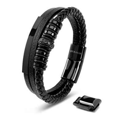 Imagen de SERASAR Pulsera Hombre 20cm Negro de Cuero Pulseras Hombres Brazalete Brazaletes Pulso Muñequera Bisuteria Bisutería Joyeria Nudos Cuerda Cuerdas Bracelet Men Jewellery Ancha