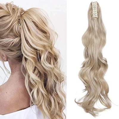 Imagen de 24&quot;(60cm) Coleta Postiza con Pinza Pelo Sintético Se Ve Natural Extensiones de Cabello Clip Cola Rizada Ondulada Ponytail Extension (150g,Rubio Oscuro mezcla Blanqueador Rubio)