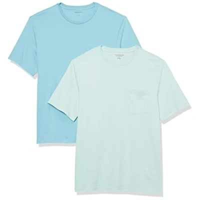 Imagen de Amazon Essentials Camiseta de Manga Corta con Bolsillo, Cuello Redondo y Corte Recto Hombre, Pack 2, Azul Agua/Azul Claro, XS