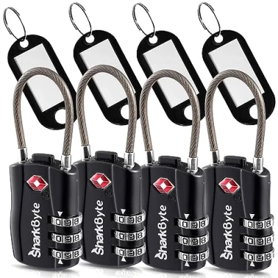 Imagen de SharkByte Candados de equipaje aprobados por la TSA, candado combinación seguridad viaje 3 diales con etiquetas, cerraduras alambre cable flexible, maleta,