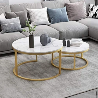 Imagen de Nido de Mesas, Mesa Café anidada té Redonda Auxiliar Moderna Mesas Centro con Patas Metal Resistente para Sala Estar, salón o Espacio pequeño, Blanca
