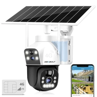 Imagen de GENBOLT 3G/4G LTE Solar Cámara Vigilancia Exterior con SIM Inalámbrica 2.5K, 8W 12000mAh Batería Seguridad Sin WiFi, Doble Lente Foco IP CCTV Tarjeta