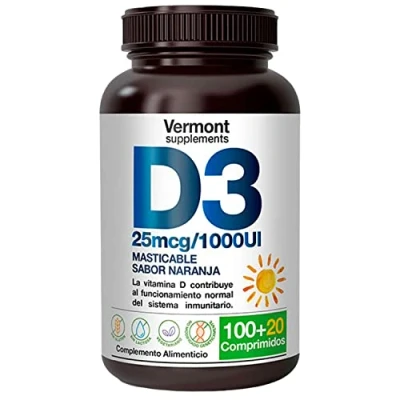 Imagen de Vitamina D 1000UI 120 Comprimidos Masticables de D3 Sabor Naranja Huesos y Dientes más fuertes, Favorece al funcionamiento del Sistema Inmunitario Vermont Supplements