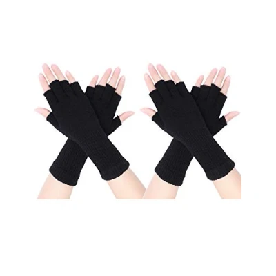 Imagen de 2 Pares de Guantes sin Dedos Unisex Punto Estirable Mitad Manoplas Pulsera Invierno (Negro)
