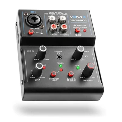Imagen de Vonyx VMM201 Mesa de mezclas 2 canales con usb, interface audio 1 entrada micrófono jack/XLR, RCA, salida máster Bluetooth, phantom +48v, auriculares, echo