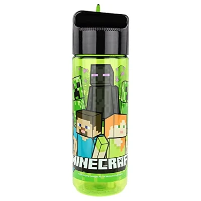 Imagen de p:os 33171 Botella para niños, aprox. 540 ml, diseño transparente con de Minecraft y pajita plegable integrada, plástico, sin BPA ni ftalatos