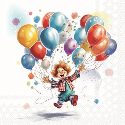 Imagen de servilletas de papel con diseño payaso y carnaval globos colores para decoración mesa cumpleaños infantiles, globos. También